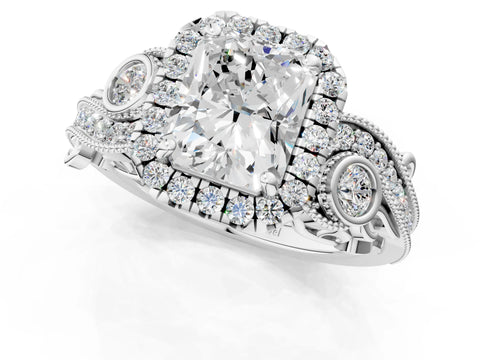 18K White Gold 3.03 Carat E VVS2 Radiant Diamond Halo Ring with Milgrain Pavé Band and Four-Prong Setting