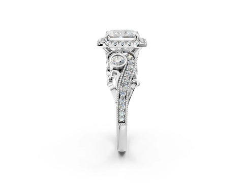 18K White Gold 3.03 Carat E VVS2 Radiant Diamond Halo Ring with Milgrain Pavé Band and Four-Prong Setting