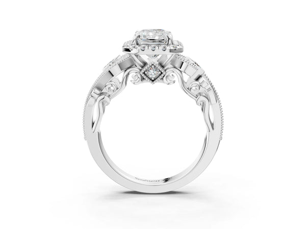 18K White Gold 3.03 Carat E VVS2 Radiant Diamond Halo Ring with Milgrain Pavé Band and Four-Prong Setting