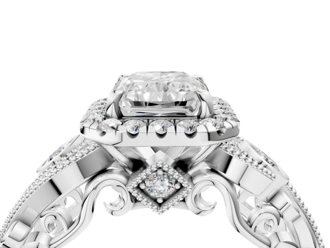 18K White Gold 3.03 Carat E VVS2 Radiant Diamond Halo Ring with Milgrain Pavé Band and Four-Prong Setting