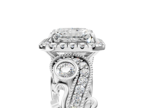 18K White Gold 3.03 Carat E VVS2 Radiant Diamond Halo Ring with Milgrain Pavé Band and Four-Prong Setting