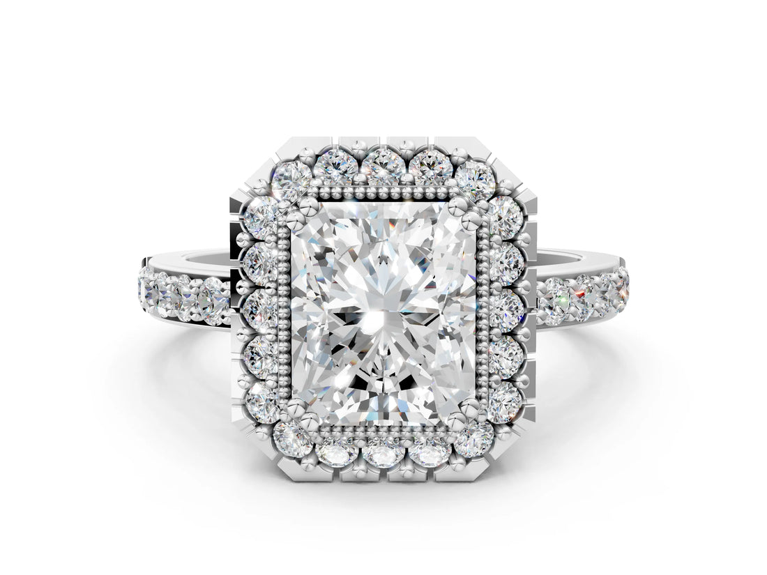 White gold Radiant Cut Diamond Halo Ring with Pavé Band and Prong Setting_7