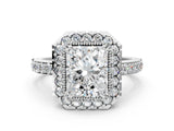 White gold Radiant Cut Diamond Halo Ring with Pavé Band and Prong Setting_7