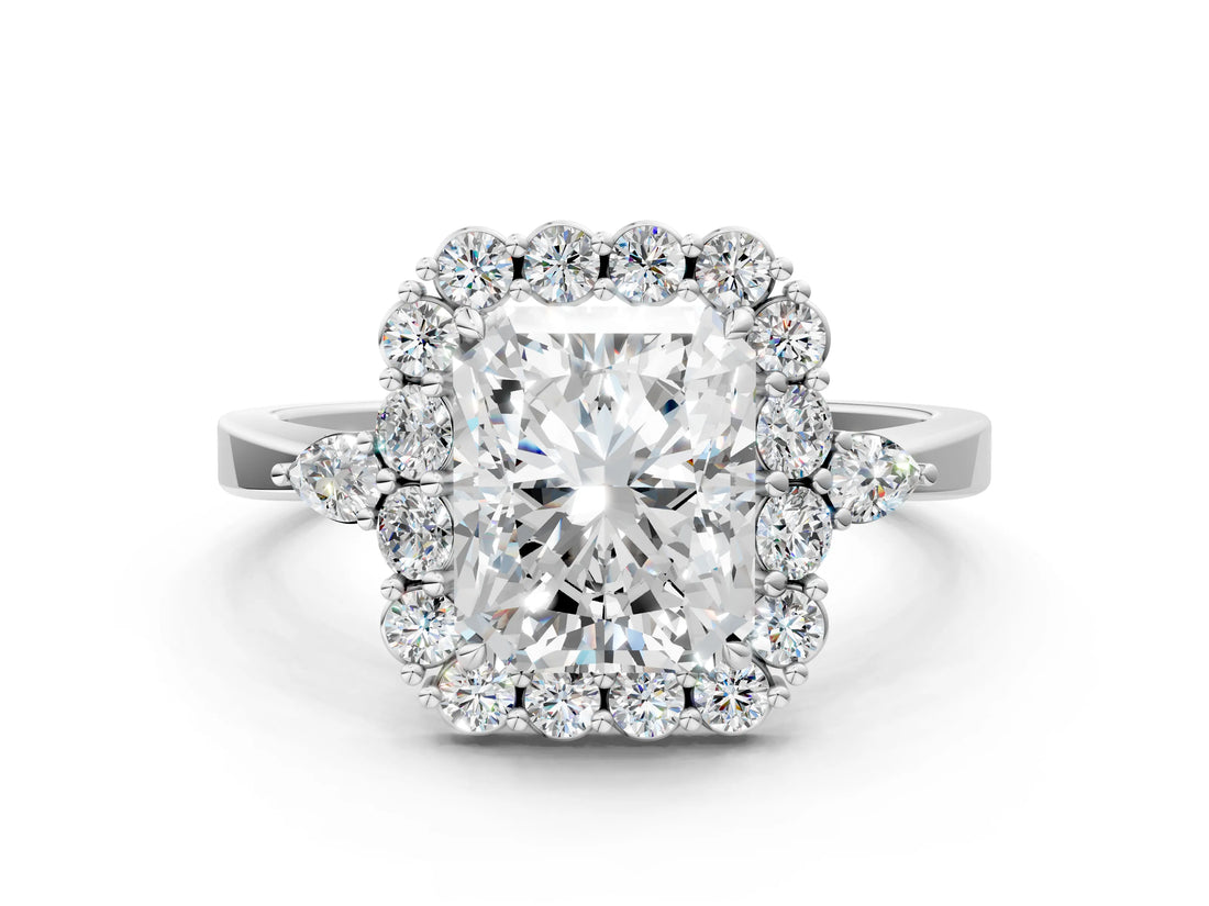White gold Radiant Cut Diamond Halo Ring with Pear Side Stones and Prong Setting_73