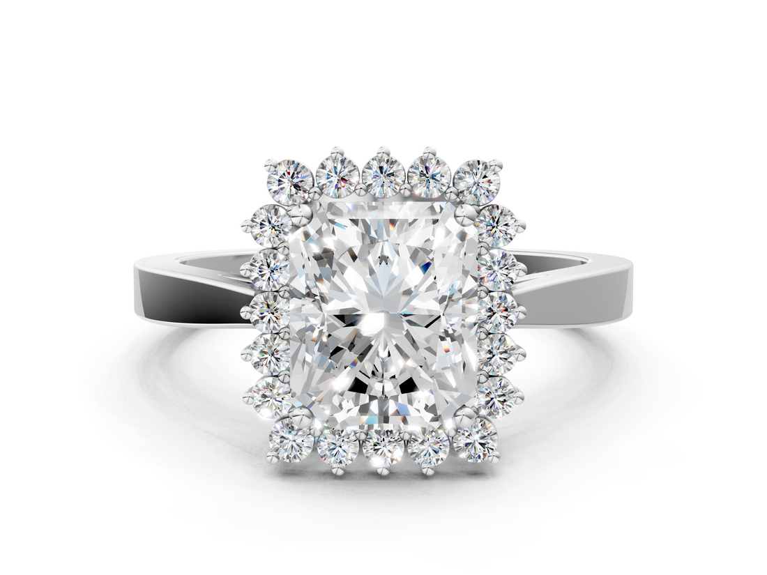 White gold Radiant Cut Diamond Halo Ring with Round Brilliant Halo and Solitaire Band_116