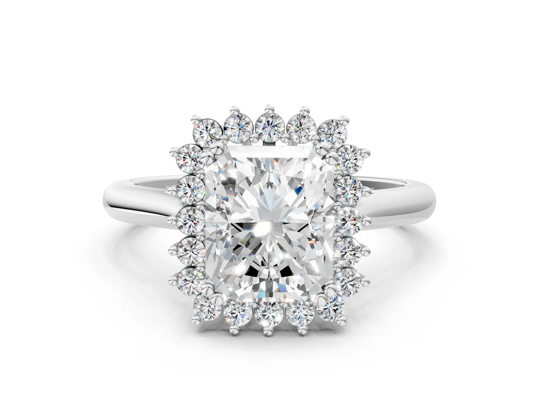 White gold Radiant Cut Diamond Halo Ring with Solitaire Band and Prong Setting_83