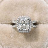 White gold Radiant Cut Diamond Halo Ring with Split Shank Pavé Band and Prong Setting_90