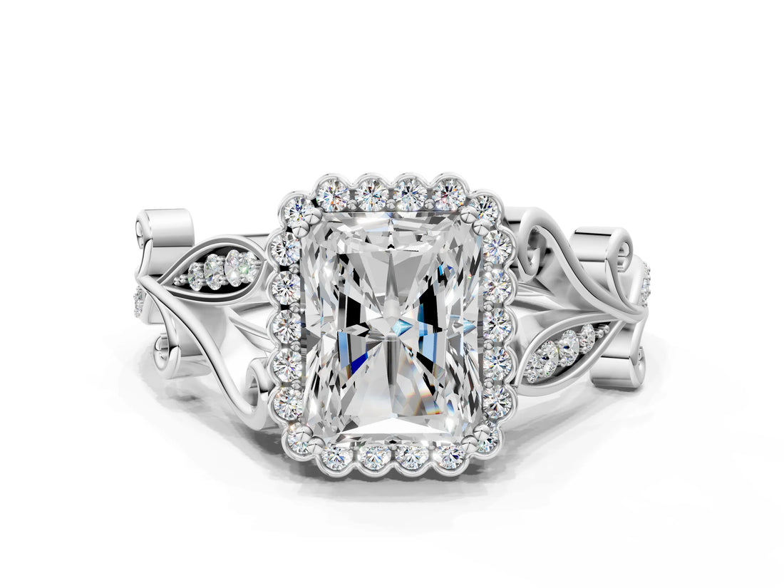 White gold Radiant Cut Diamond Halo Ring with Vintage Split Shank and Four-Prong Setting_47