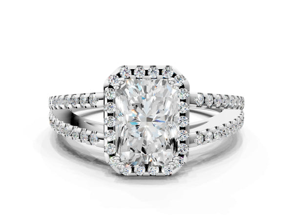 White gold Radiant Cut Diamond Halo Split Shank Engagement Ring