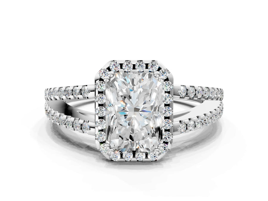 White gold Radiant Cut Diamond Halo Split Shank Engagement Ring