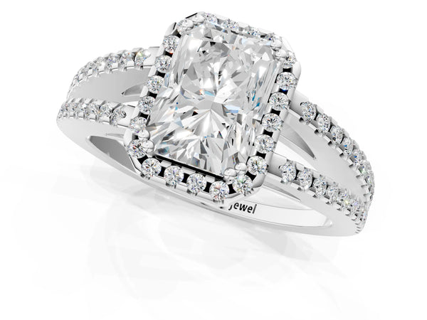 White gold Radiant Cut Diamond Halo Split Shank Engagement Ring