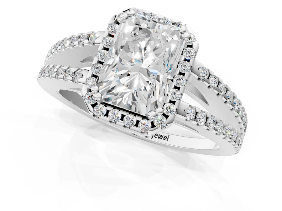White gold Radiant Cut Diamond Halo Split Shank Engagement Ring