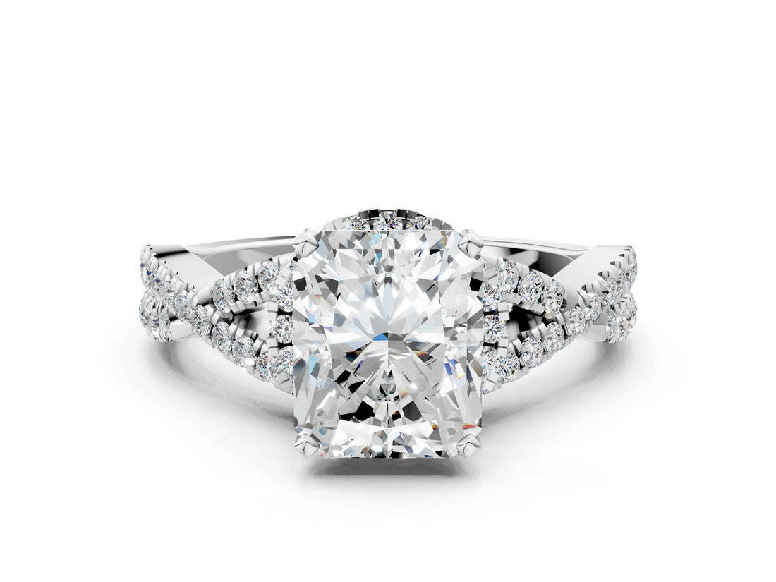 White gold Radiant Cut Diamond  Halo Twist Band Solitaire Prong Setting Ring_120