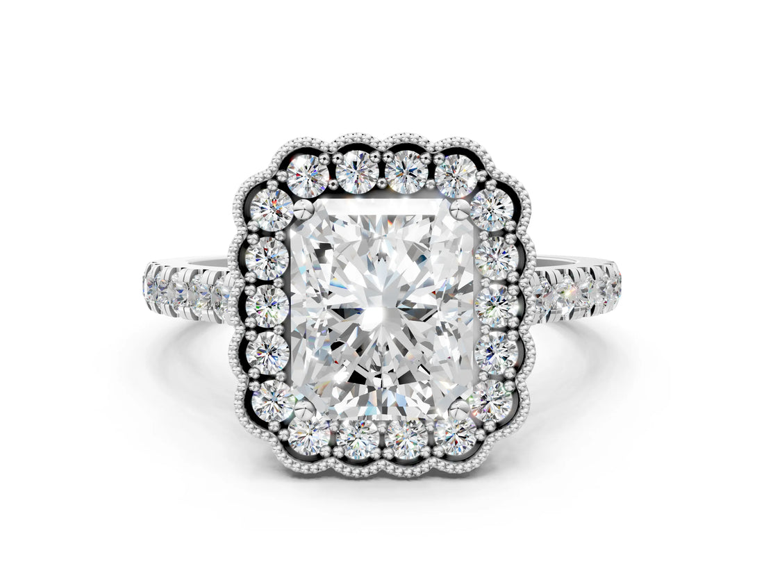 White gold Radiant Cut Diamond Milgrain Floral Halo Engagement Ring with Pavé Band_21