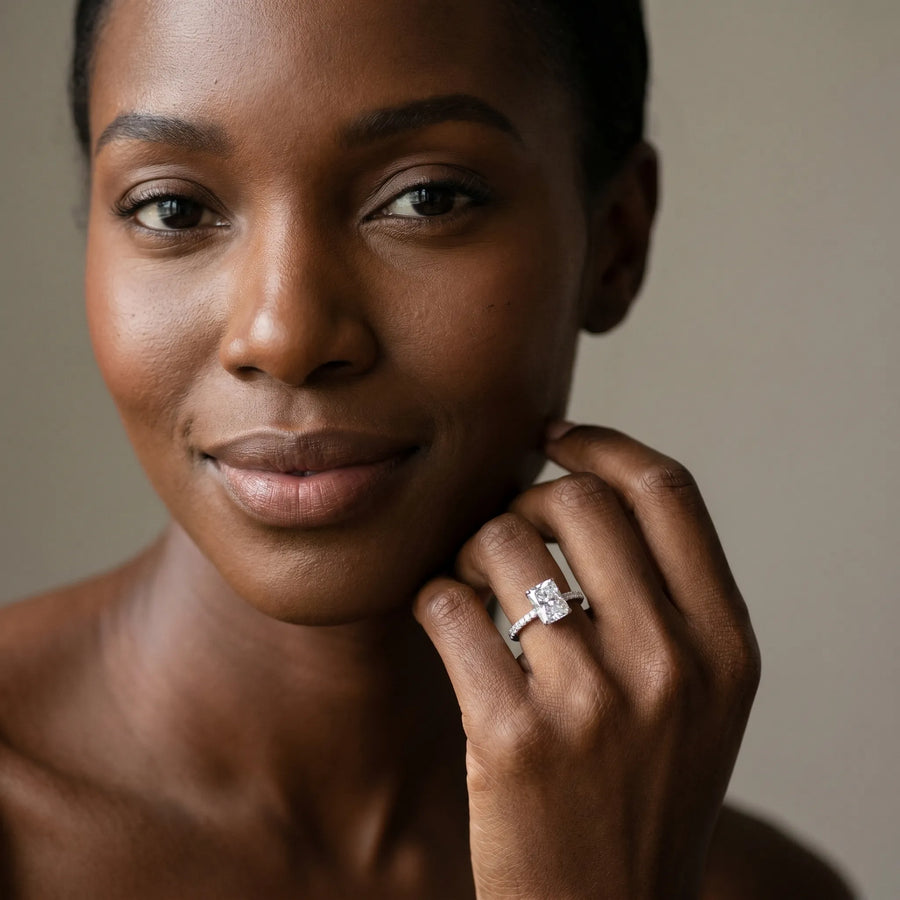 White gold Radiant Cut Diamond Pavé Band Ring with Four-Prong Setting