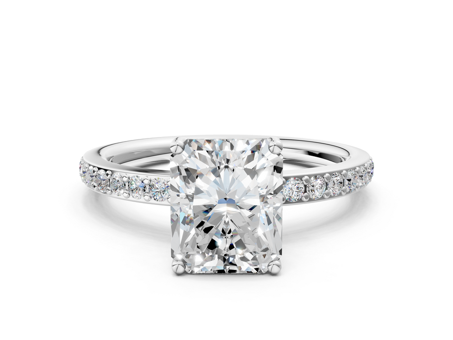 White gold Radiant Cut Diamond Pavé Band Ring with Four-Prong Setting
