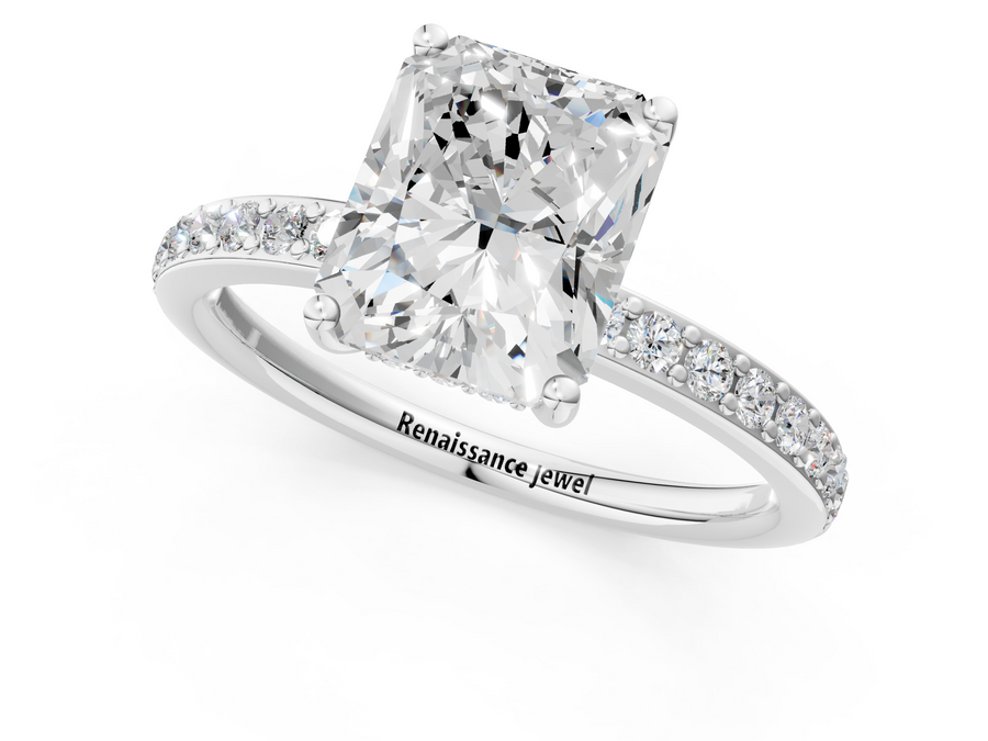 White gold Radiant Cut Diamond Pavé Band Ring with Four-Prong Setting