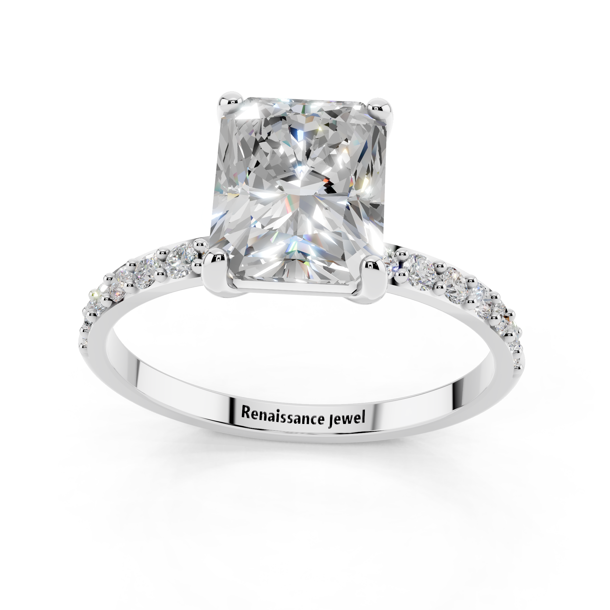 White gold Radiant Cut Diamond Pavé Band Solitaire Ring with Four-Prong Setting_9
