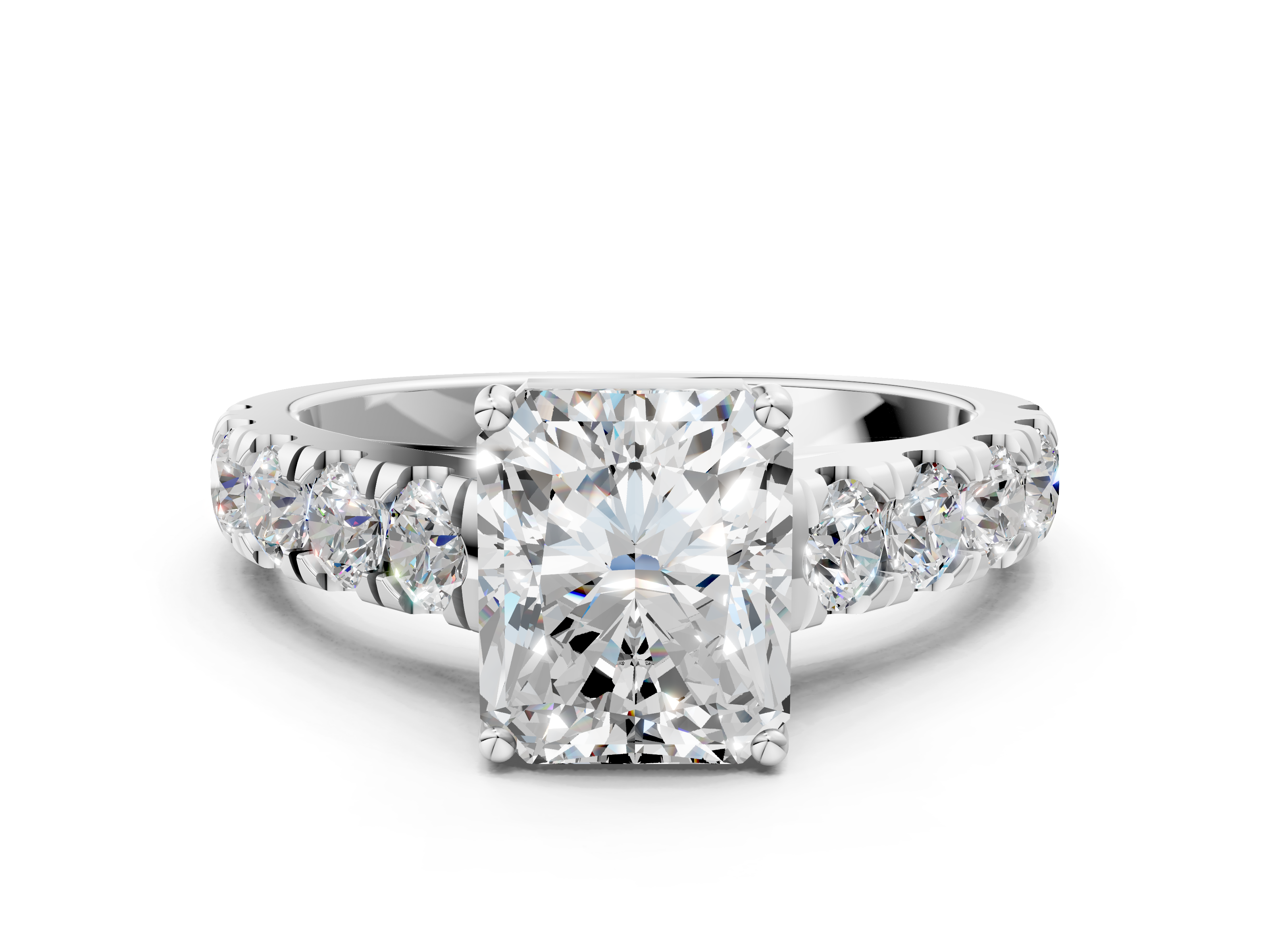 White gold Radiant Cut Diamond Solitaire Ring with Micro Pave Band and