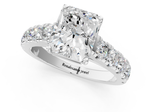 White gold Radiant Cut Diamond Solitaire Ring with Micro Pave Band and Prong Setting