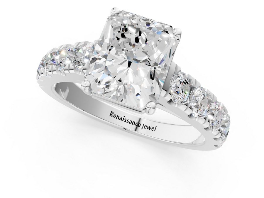 White gold Radiant Cut Diamond Solitaire Ring with Micro Pave Band and Prong Setting