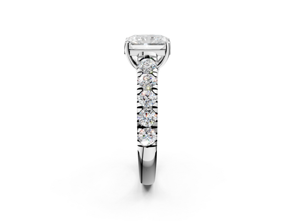 White gold Radiant Cut Diamond Solitaire Ring with Micro Pave Band and Prong Setting