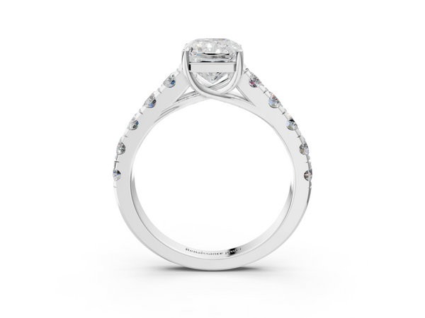 White gold Radiant Cut Diamond Solitaire Ring with Micro Pave Band and Prong Setting