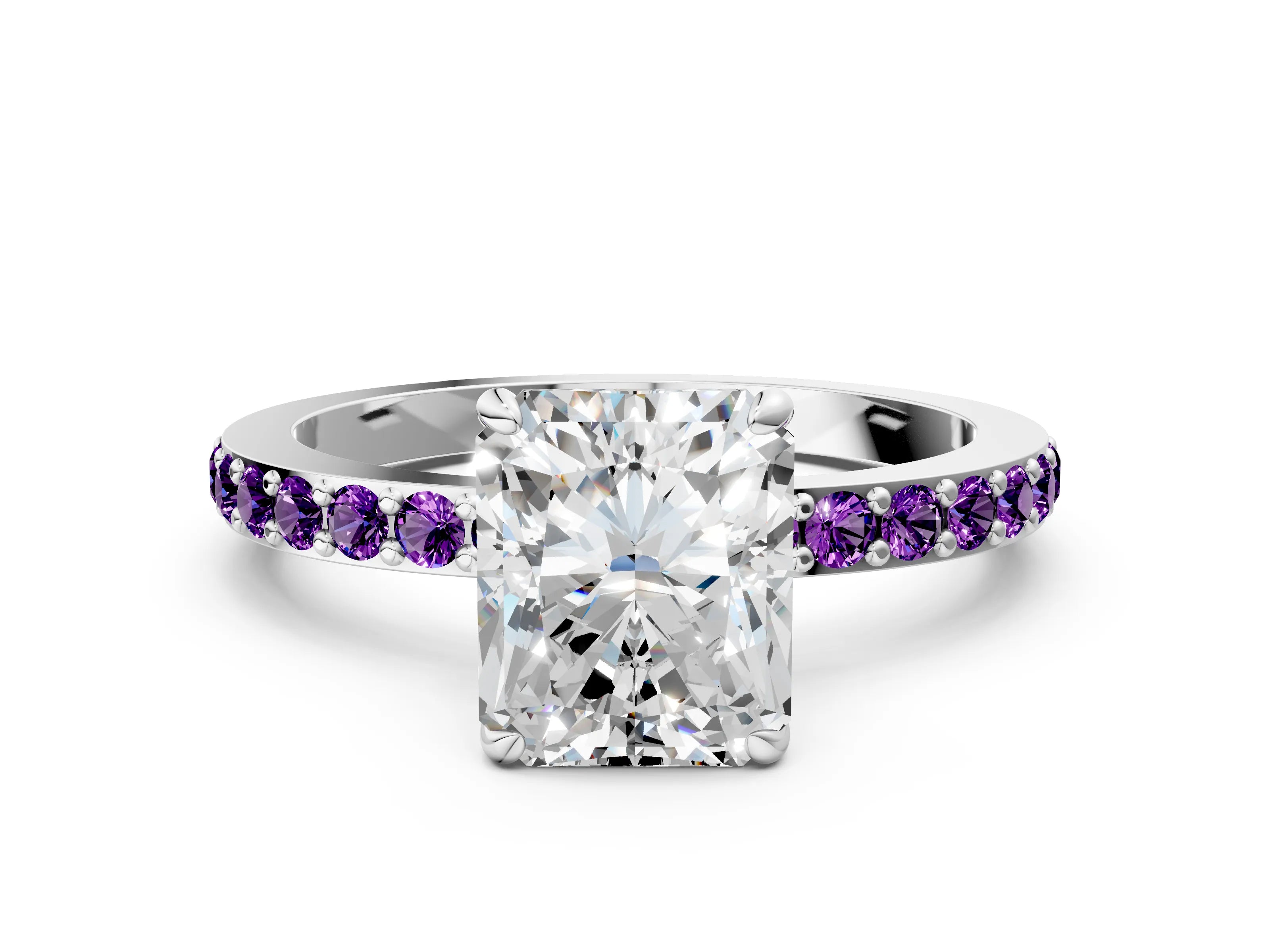 White gold Radiant Cut Diamond Pavé Engagement Ring with Round with Amethyst side stone Accents and Prong Setting_12