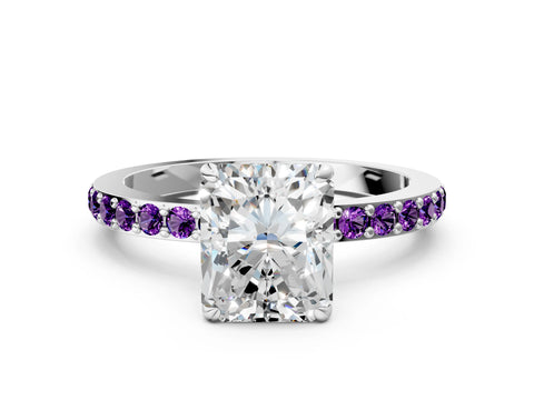 White gold Radiant Cut Diamond Pavé Engagement Ring with Round with Amethyst side stone Accents and Prong Setting_12