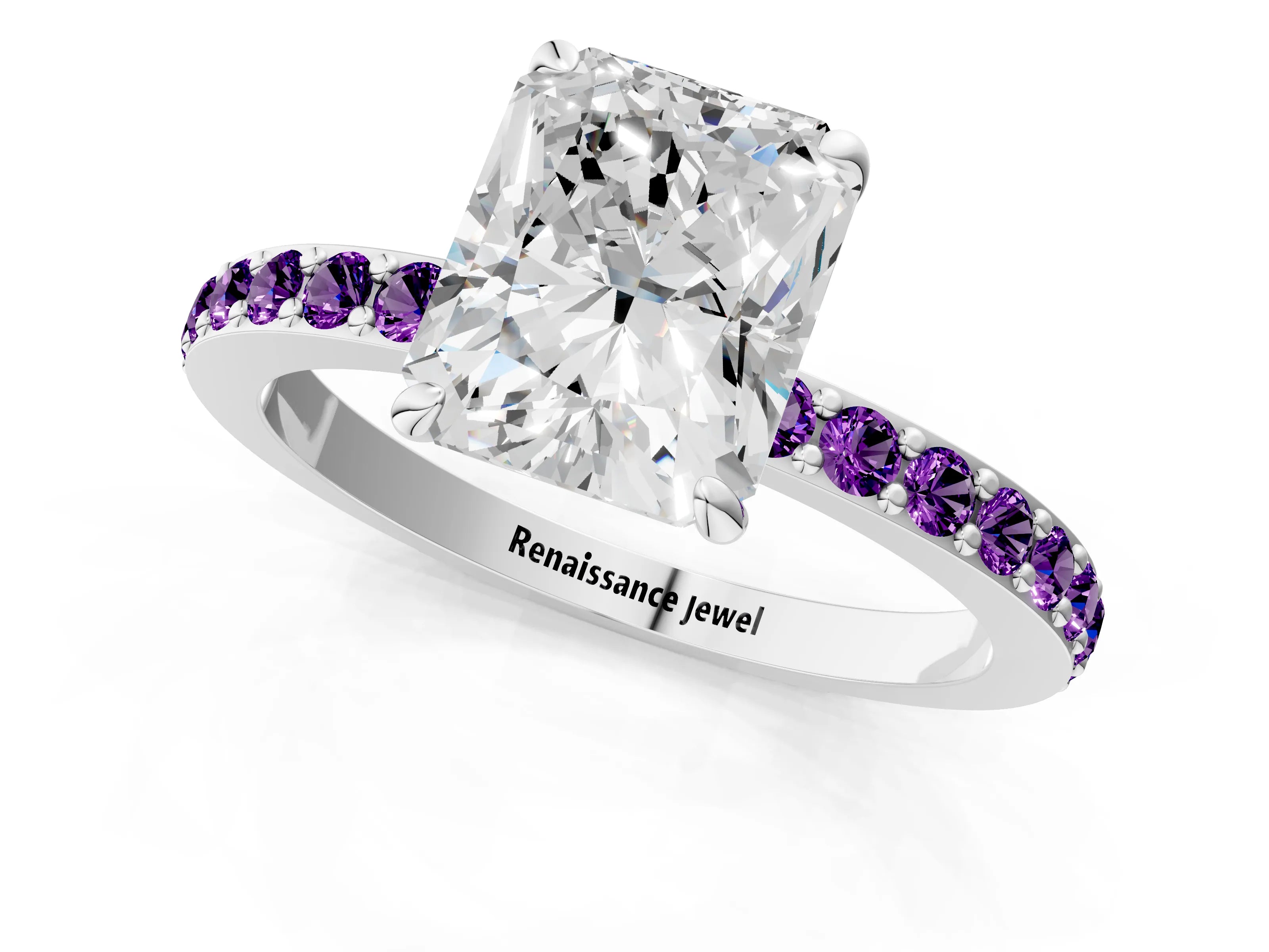 White gold Radiant Cut Diamond Pavé Engagement Ring with Round with Amethyst side stone Accents and Prong Setting_13