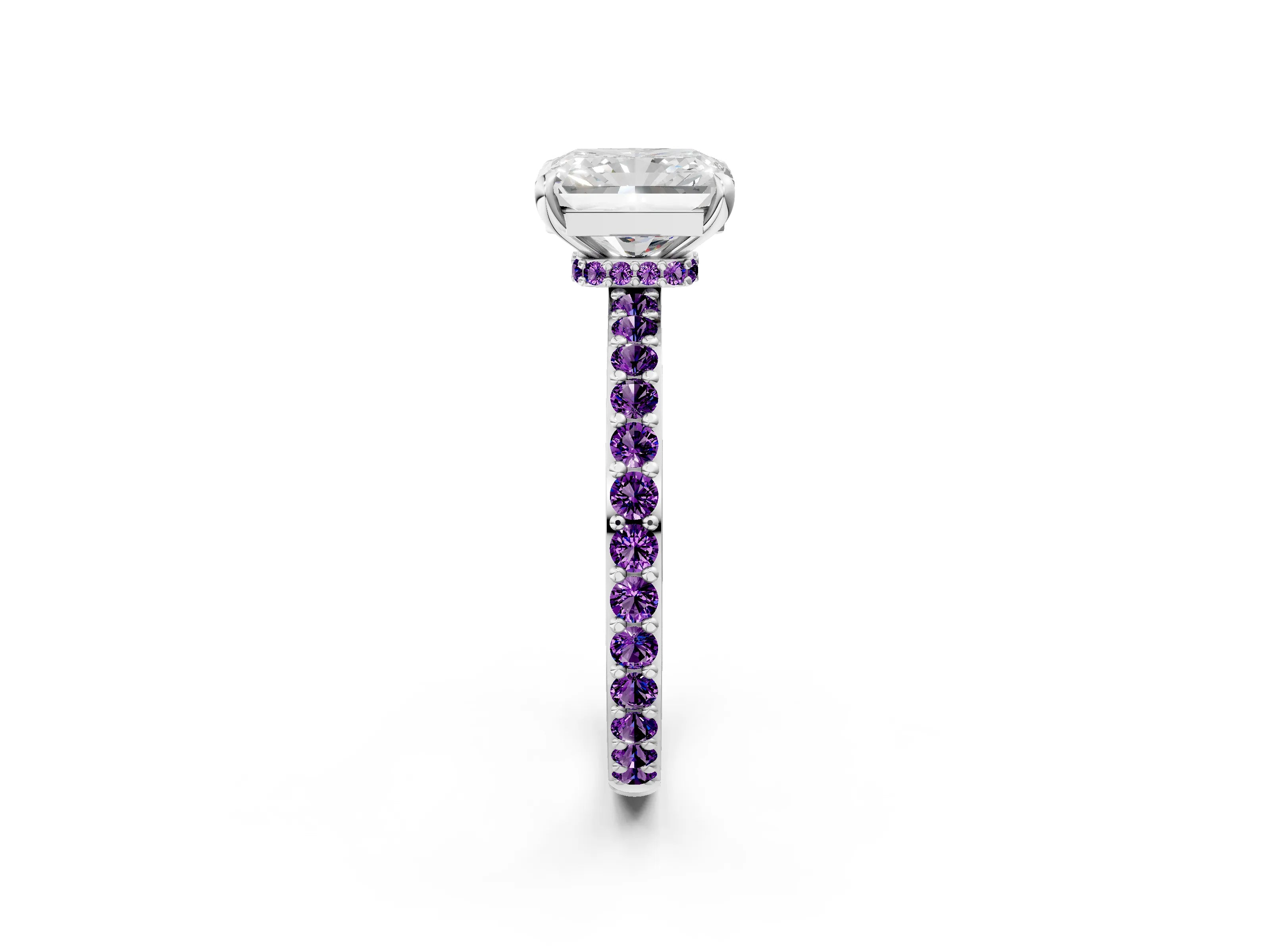 White gold Radiant Cut Diamond Pavé Engagement Ring with Round with Amethyst side stone Accents and Prong Setting_14