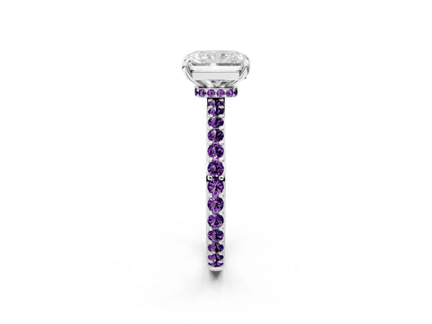 White gold Radiant Cut Diamond Pavé Engagement Ring with Round with Amethyst side stone Accents and Prong Setting_14