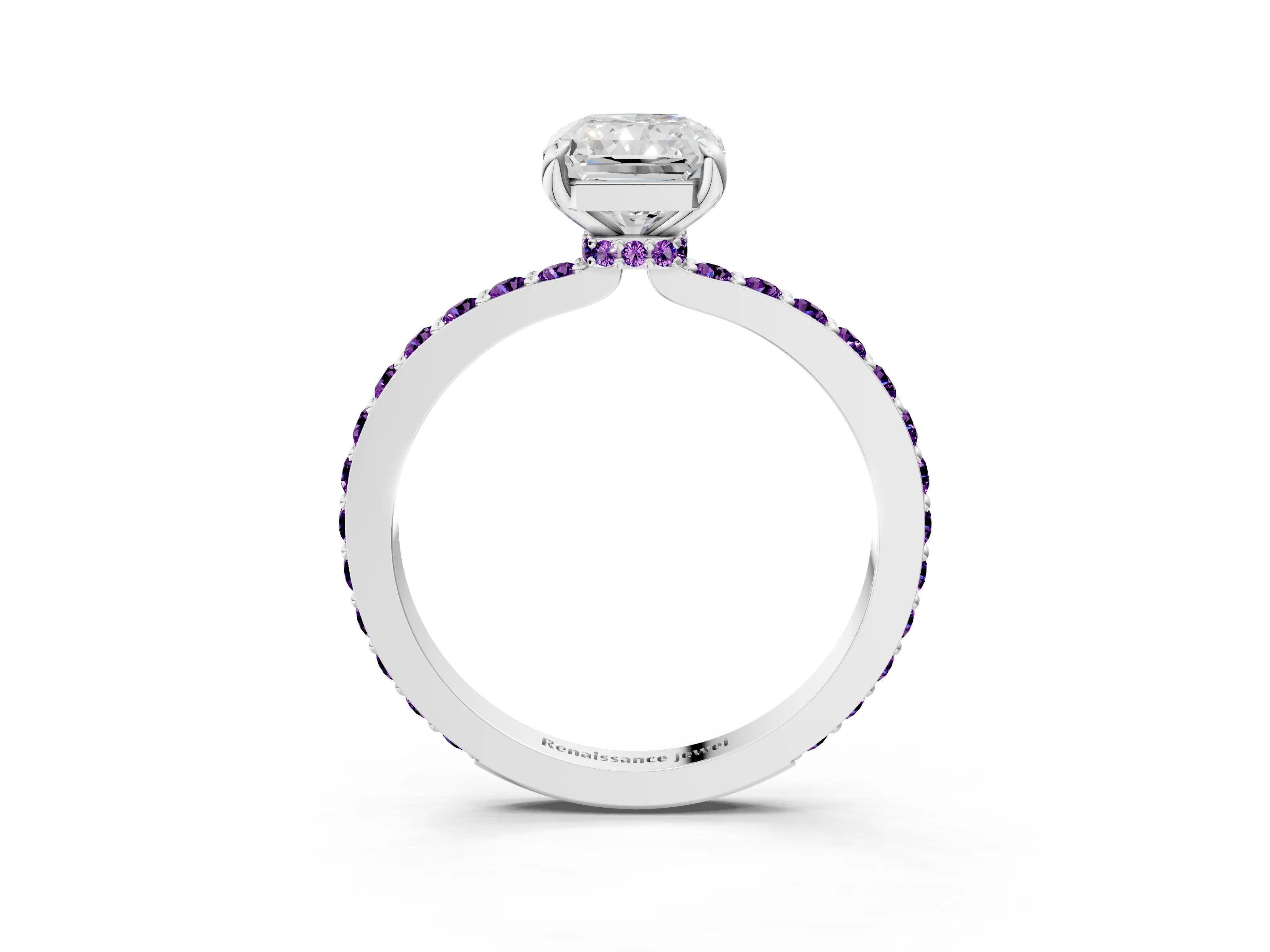 White gold Radiant Cut Diamond Pavé Engagement Ring with Round with Amethyst side stone Accents and Prong Setting_27