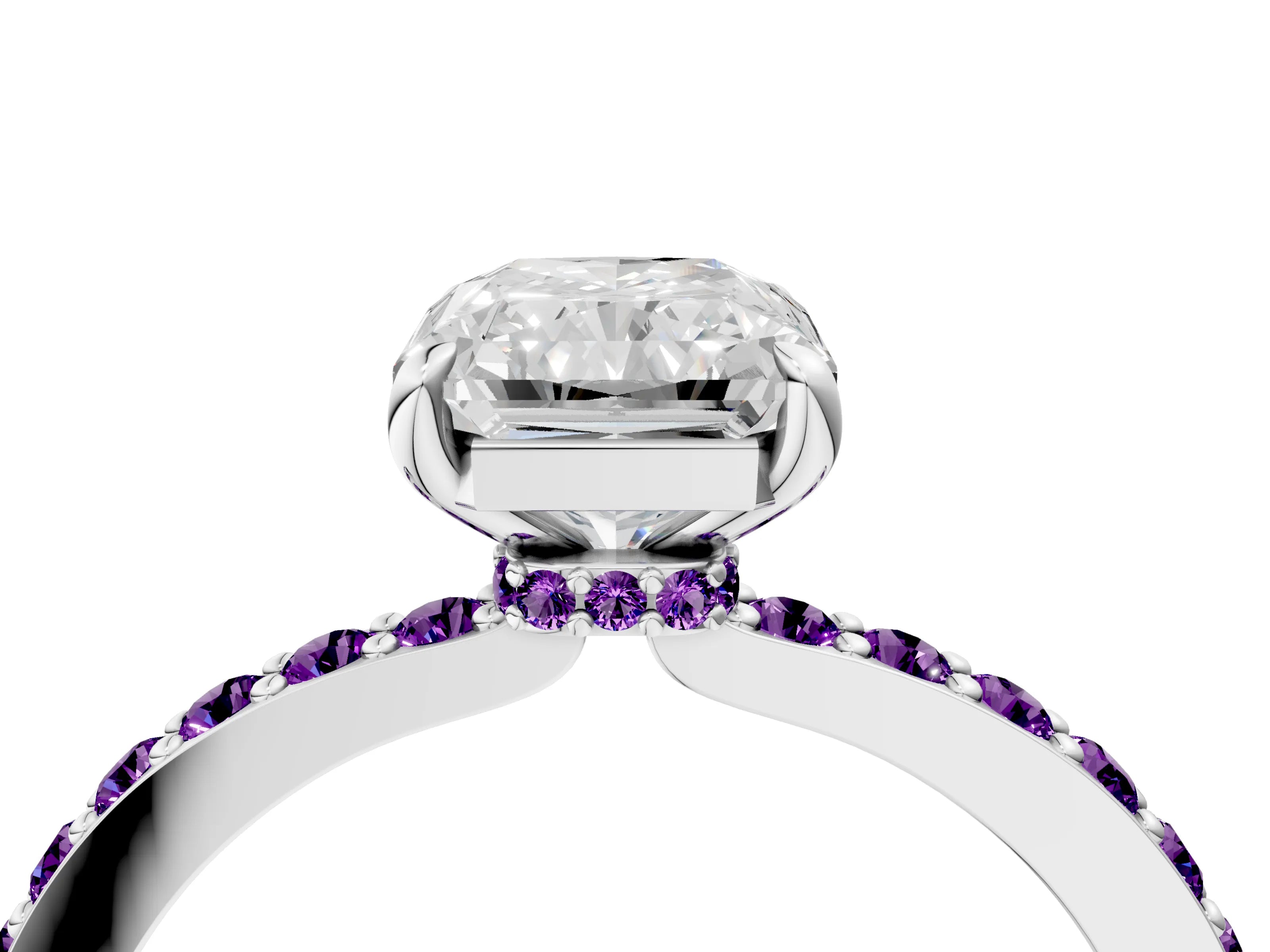 White gold Radiant Cut Diamond Pavé Engagement Ring with Round with Amethyst side stone Accents and Prong Setting_28