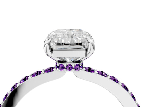 White gold Radiant Cut Diamond Pavé Engagement Ring with Round with Amethyst side stone Accents and Prong Setting_28