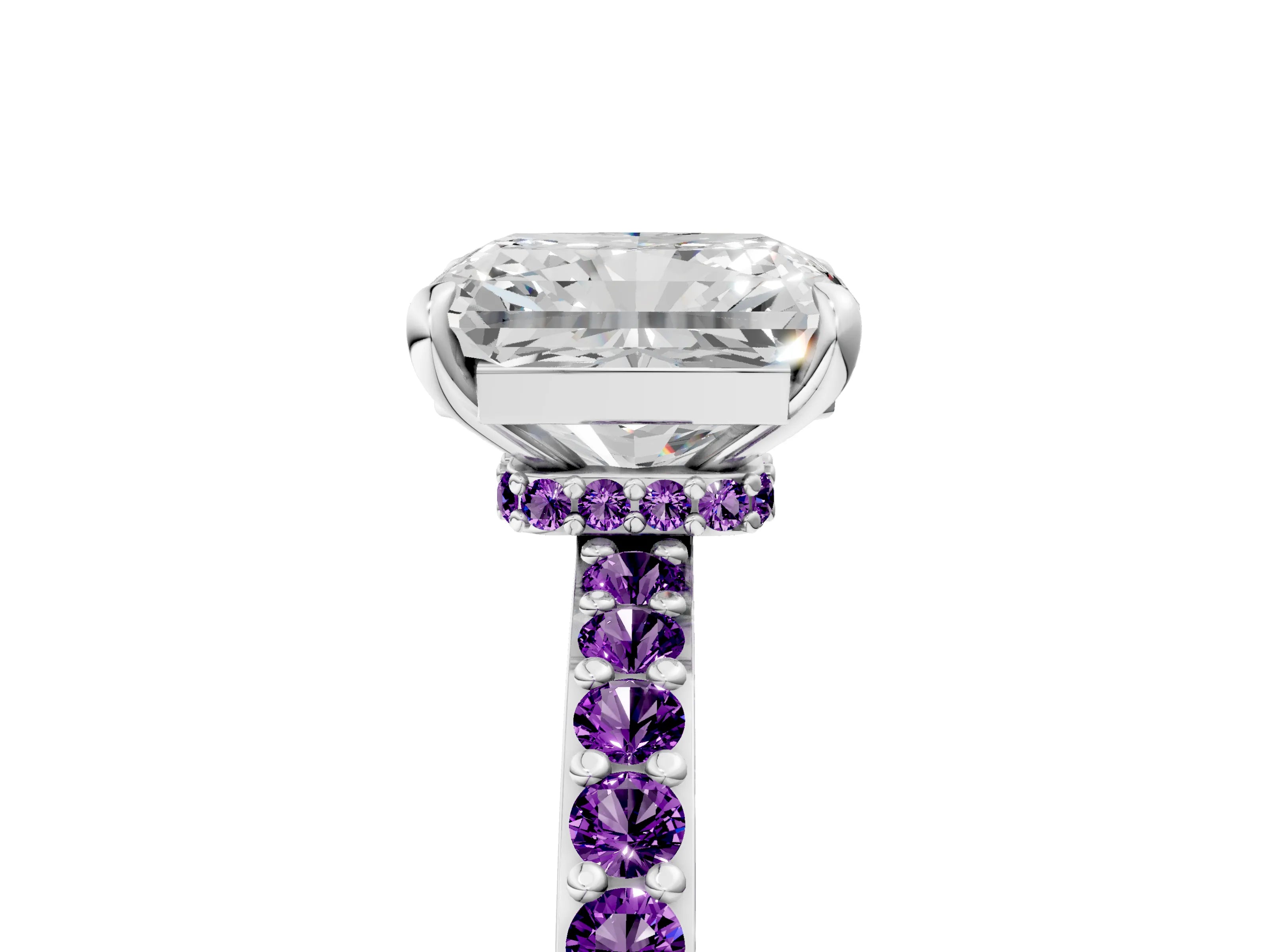 White gold Radiant Cut Diamond Pavé Engagement Ring with Round with Amethyst side stone Accents and Prong Setting_29
