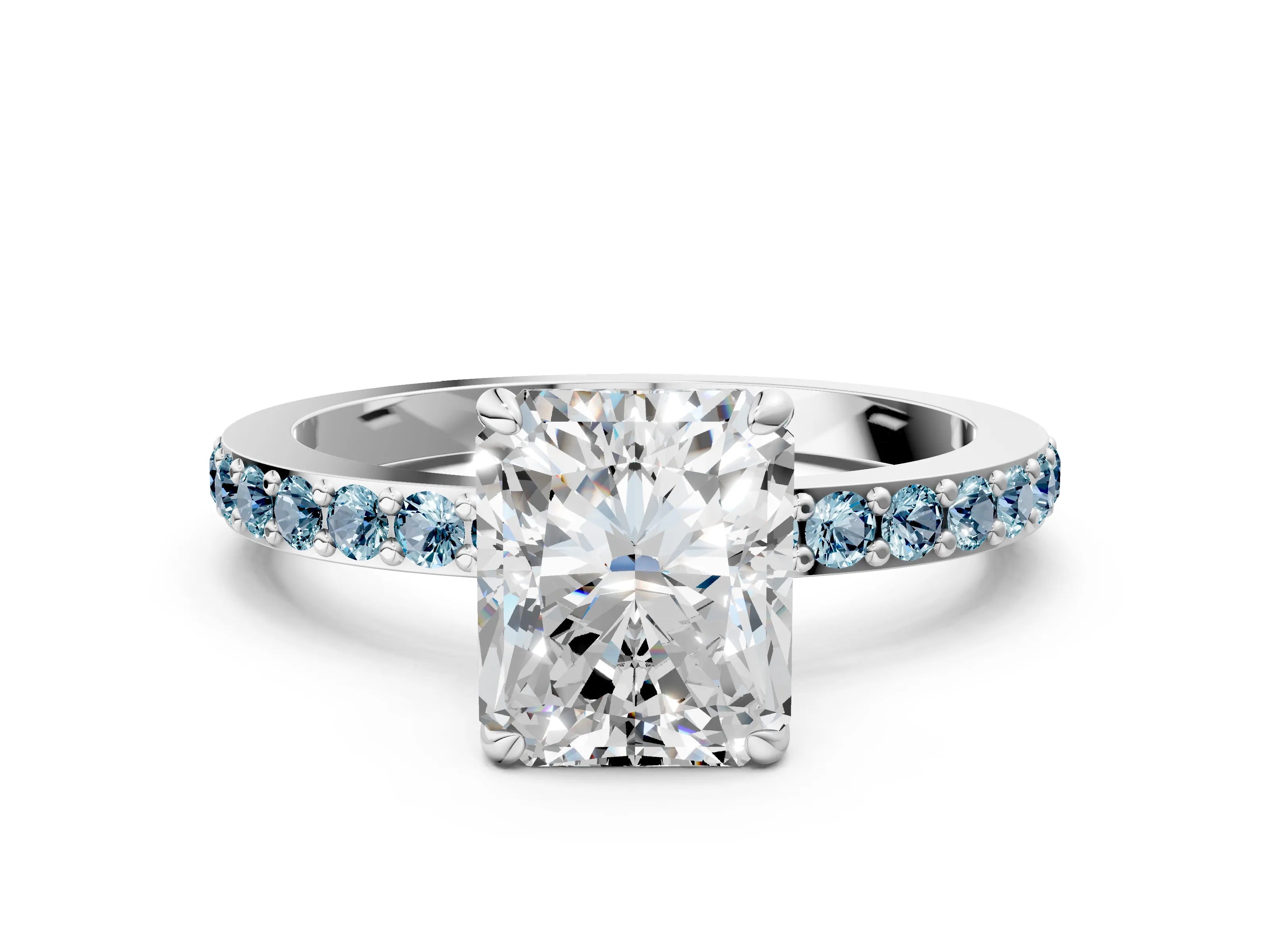 White gold Radiant Cut Diamond Pavé Engagement Ring with Round with Aquamarine side stone Accents and Prong Setting_12