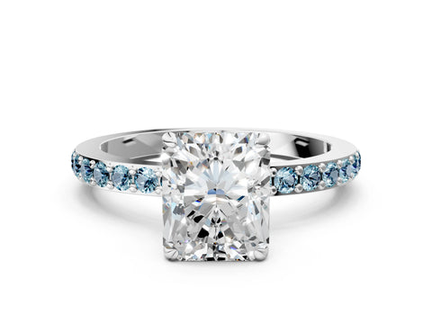 White gold Radiant Cut Diamond Pavé Engagement Ring with Round with Aquamarine side stone Accents and Prong Setting_12