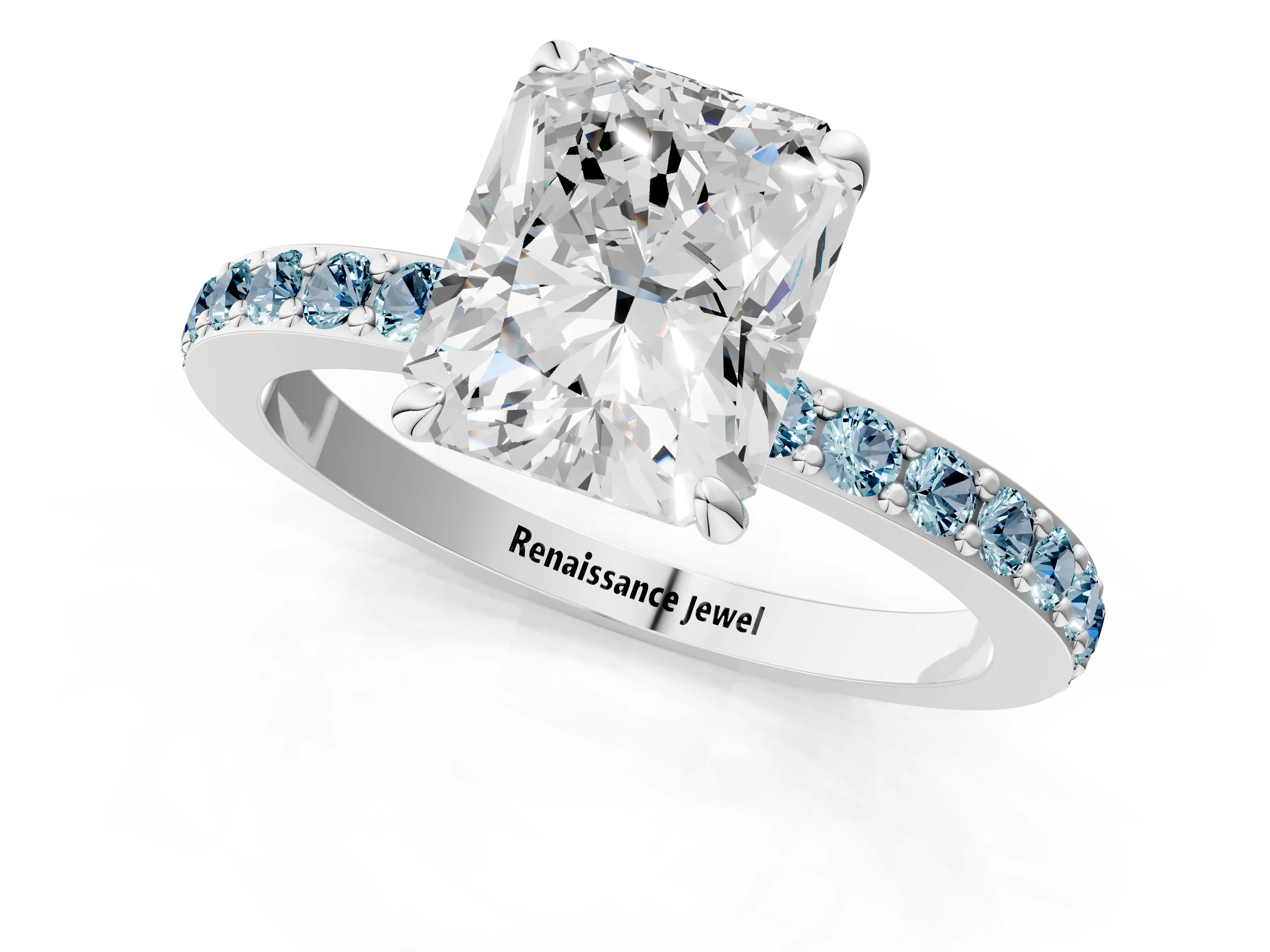 White gold Radiant Cut Diamond Pavé Engagement Ring with Round with Aquamarine side stone Accents and Prong Setting_13