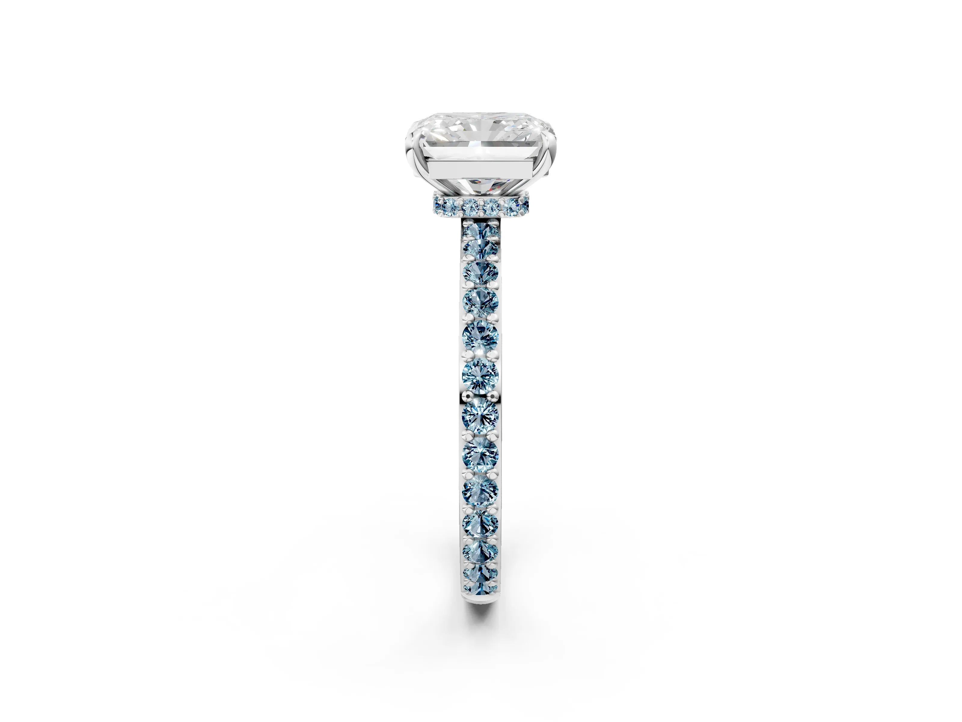 White gold Radiant Cut Diamond Pavé Engagement Ring with Round with Aquamarine side stone Accents and Prong Setting_14