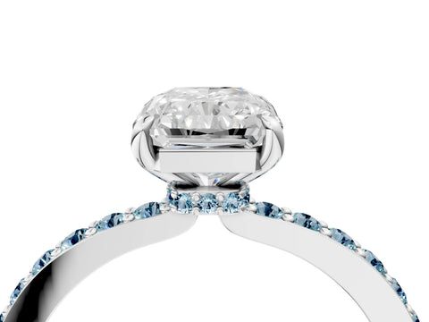 White gold Radiant Cut Diamond Pavé Engagement Ring with Round with Aquamarine side stone Accents and Prong Setting_16