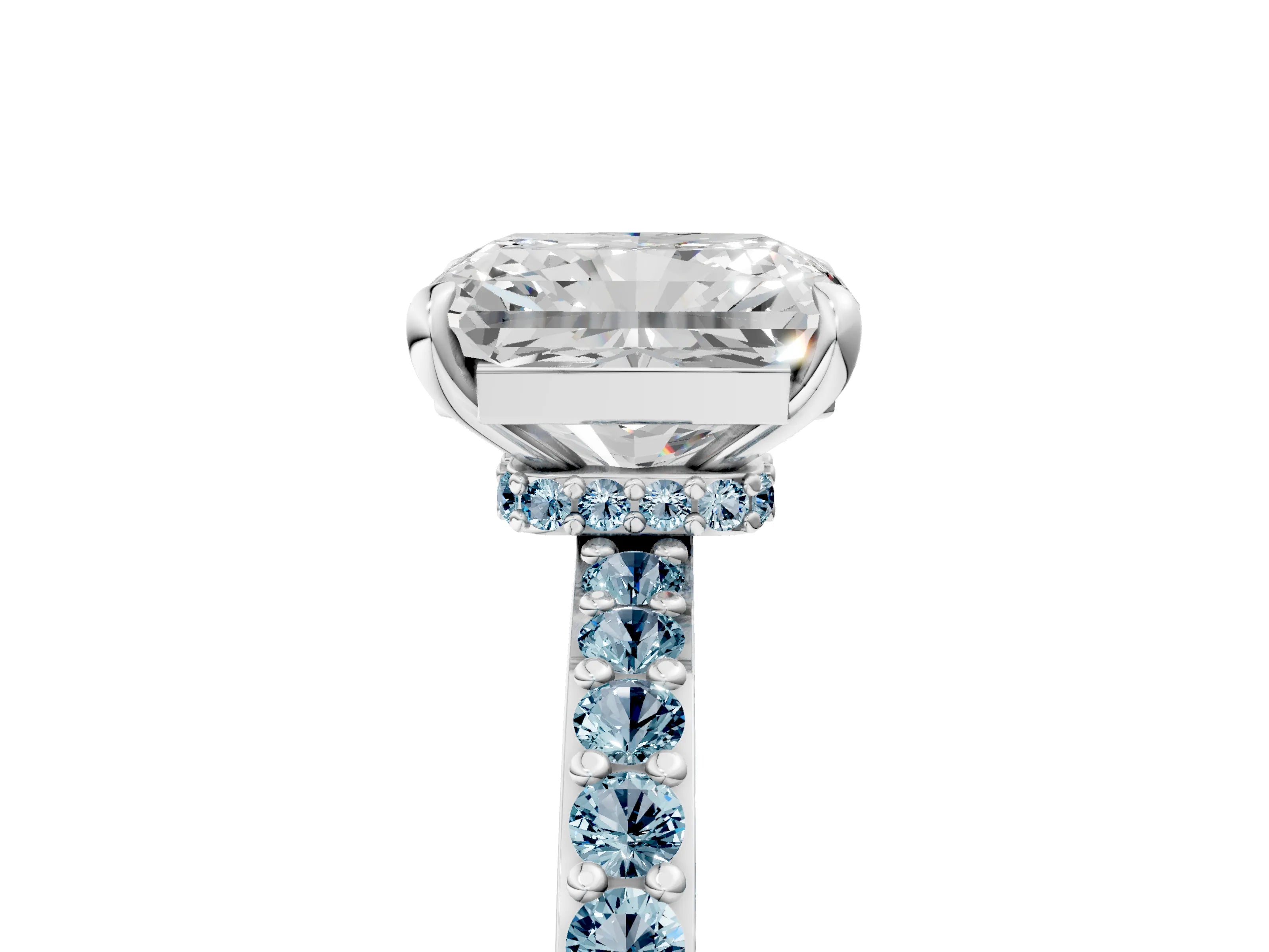 White gold Radiant Cut Diamond Pavé Engagement Ring with Round with Aquamarine side stone Accents and Prong Setting_17