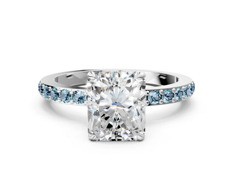 White gold Radiant Cut Diamond Pavé Engagement Ring with Round with Aquamarine side stone Accents and Prong Setting_24
