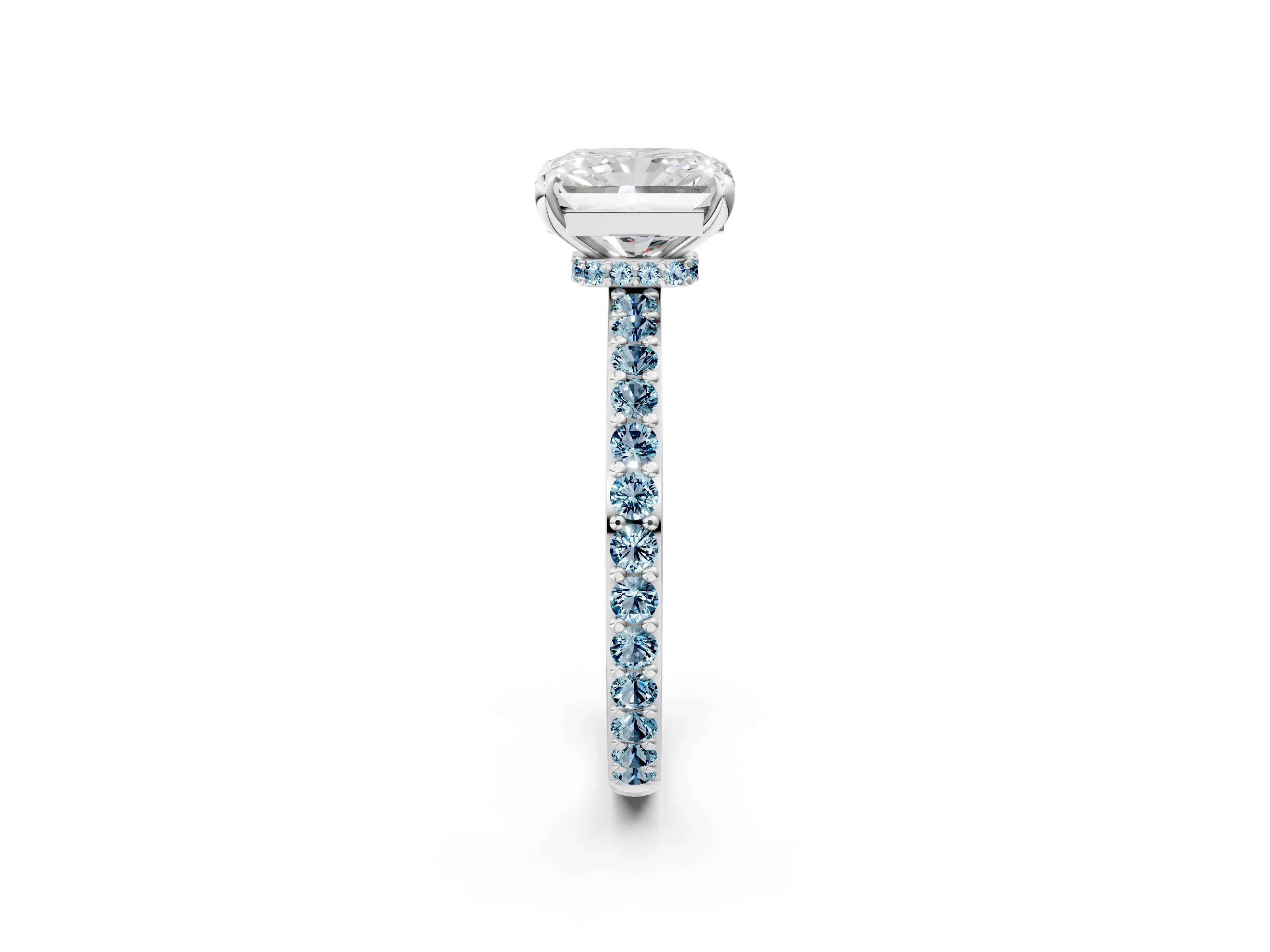White gold Radiant Cut Diamond Pavé Engagement Ring with Round with Aquamarine side stone Accents and Prong Setting_26