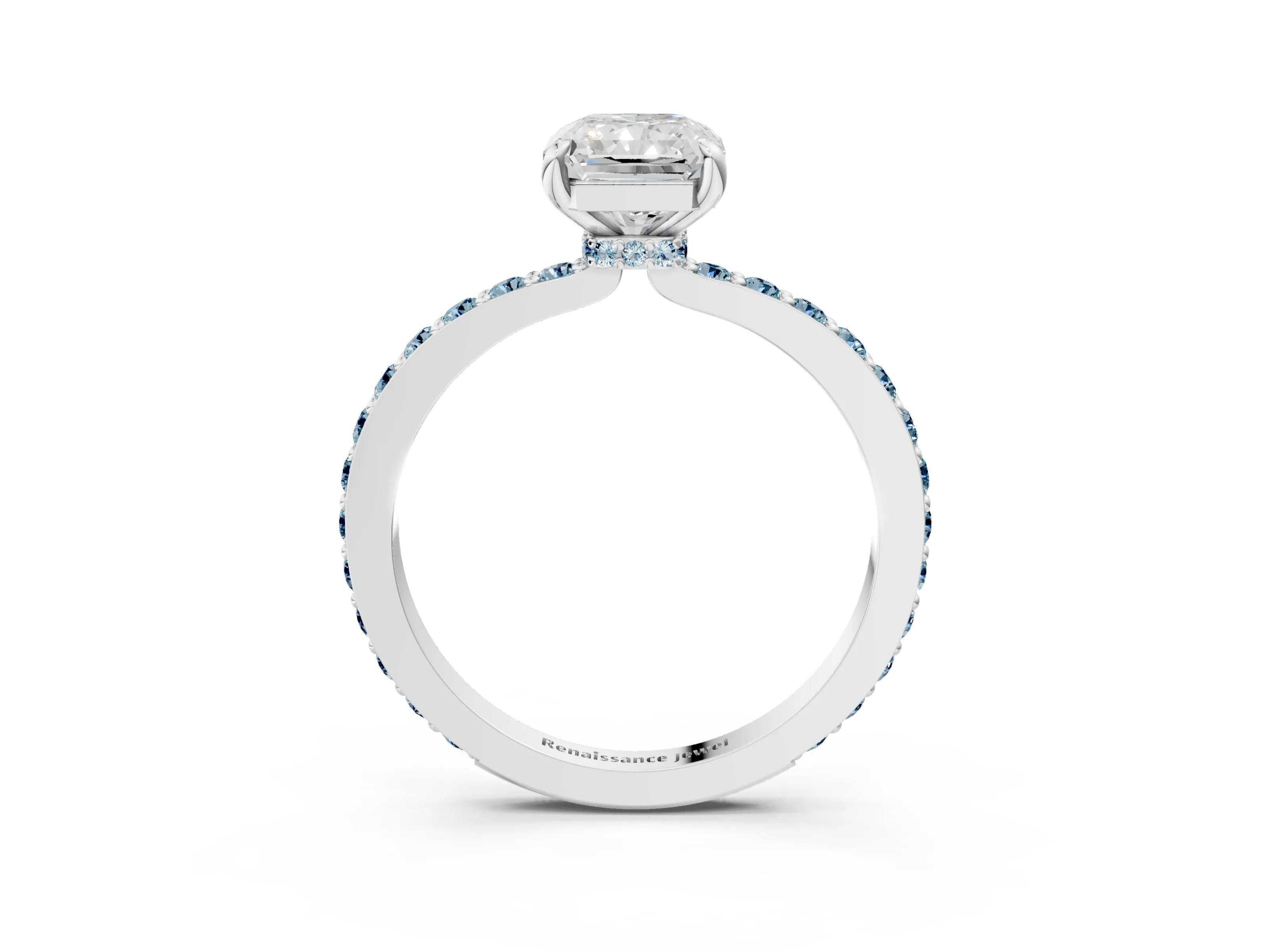 White gold Radiant Cut Diamond Pavé Engagement Ring with Round with Aquamarine side stone Accents and Prong Setting_27