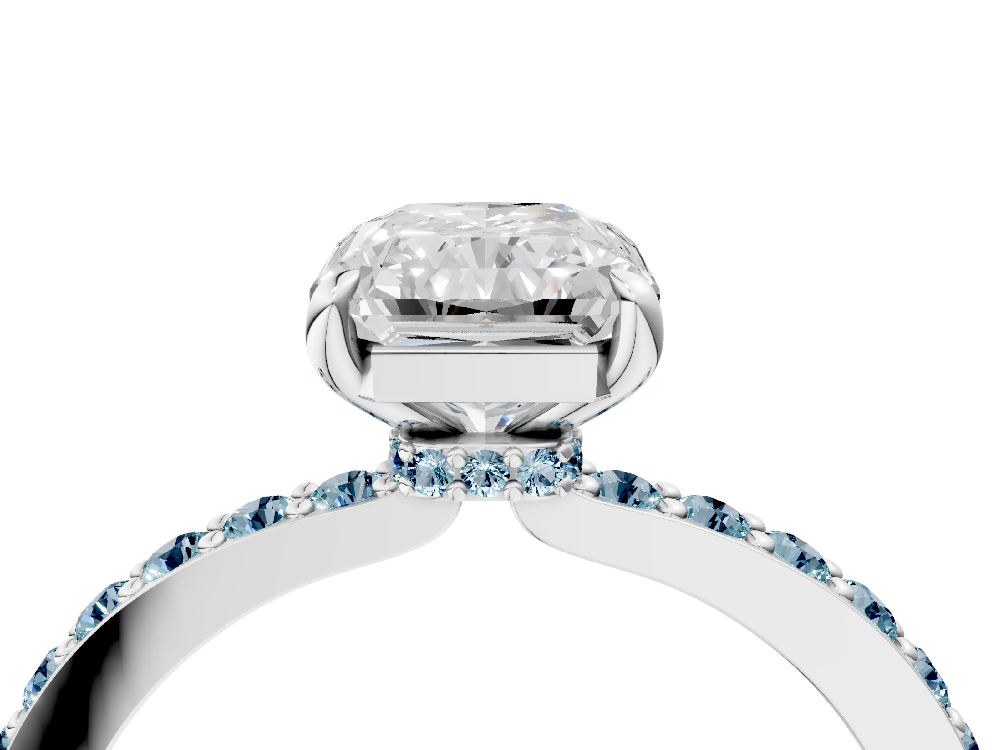 White gold Radiant Cut Diamond Pavé Engagement Ring with Round with Aquamarine side stone Accents and Prong Setting_28