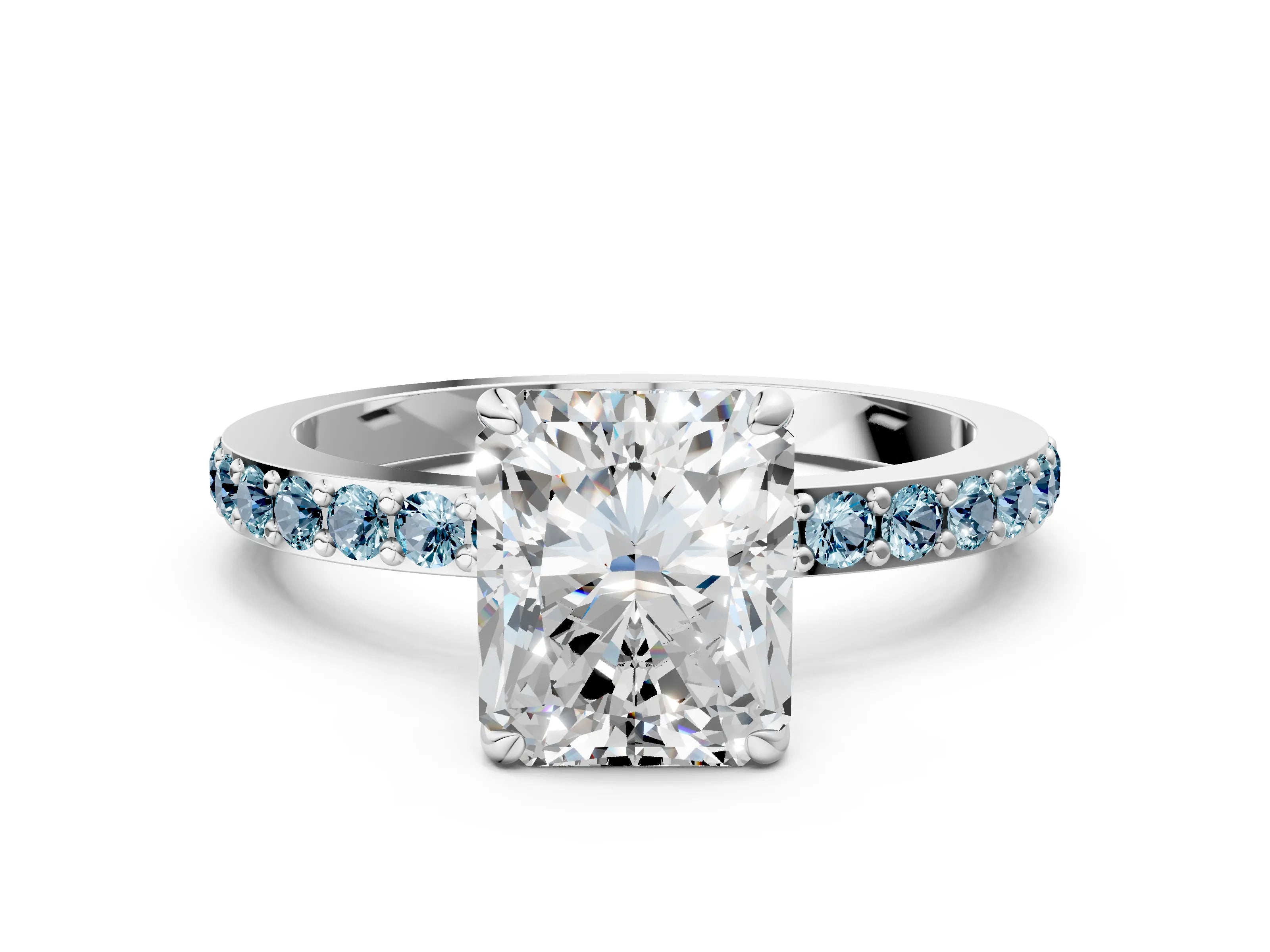 White gold Radiant Cut Diamond Pavé Engagement Ring with Round with Aquamarine side stone Accents and Prong Setting_36