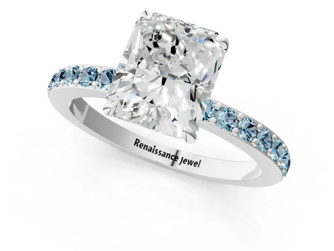 White gold Radiant Cut Diamond Pavé Engagement Ring with Round with Aquamarine side stone Accents and Prong Setting_37
