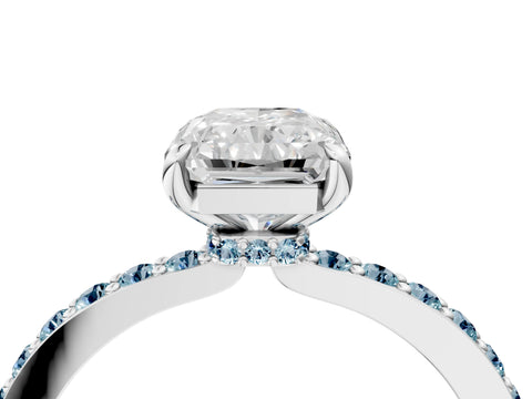 White gold Radiant Cut Diamond Pavé Engagement Ring with Round with Aquamarine side stone Accents and Prong Setting_40