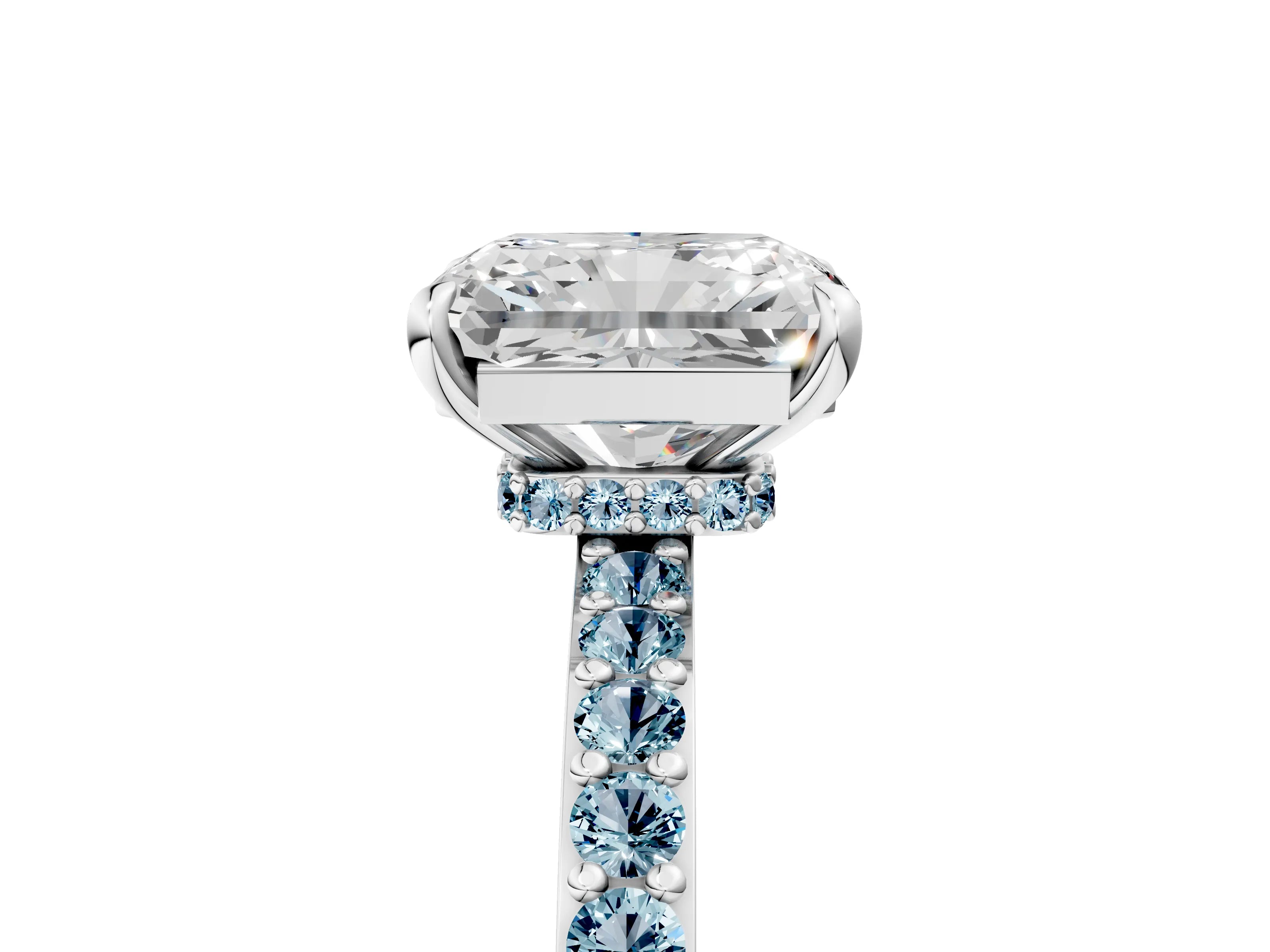 White gold Radiant Cut Diamond Pavé Engagement Ring with Round with Aquamarine side stone Accents and Prong Setting_41